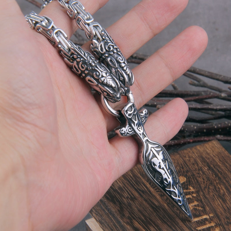 Geri, Freki & Gungnir - Spearhead Byzantine Chain Necklace 0 My Store Serpent Heads 50cm