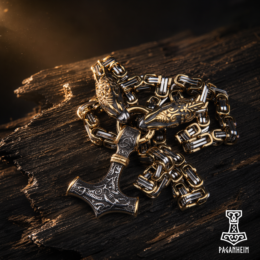 Gold and silver chain with Thor's hammer pendant on a dark wooden surface, Paganheim brand visible.