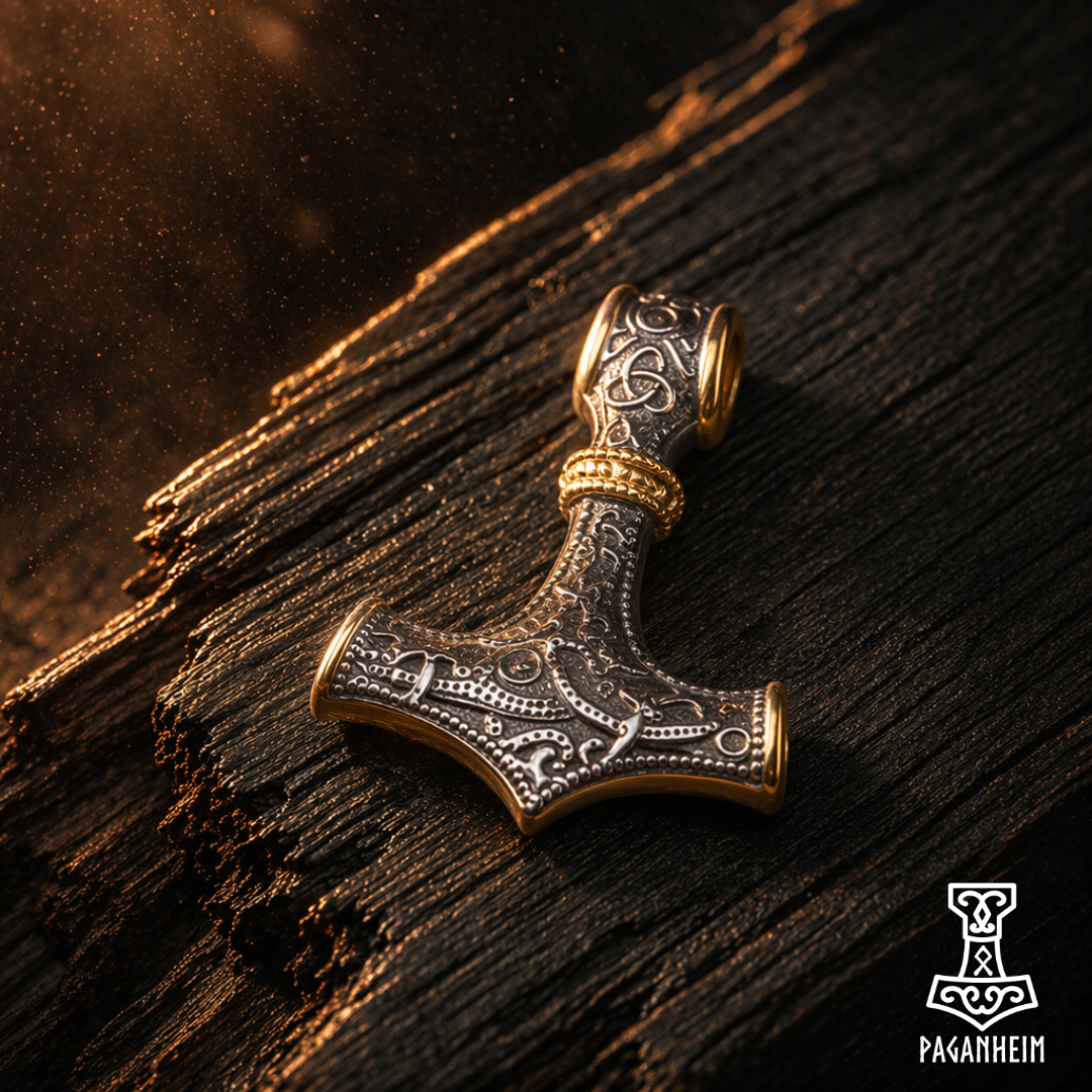 Decorative hammer pendant on a wooden surface with 'Paganheim' branding.