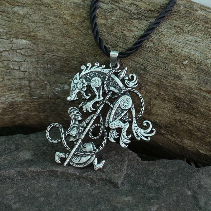 Full view of Ragnarok battle necklace with Vidarr and Fenrir