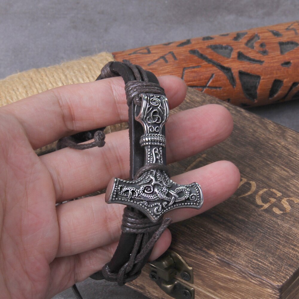 Leather Wrapped Viking Mjölnir Bracelet 0 The Pagan Trader Brown