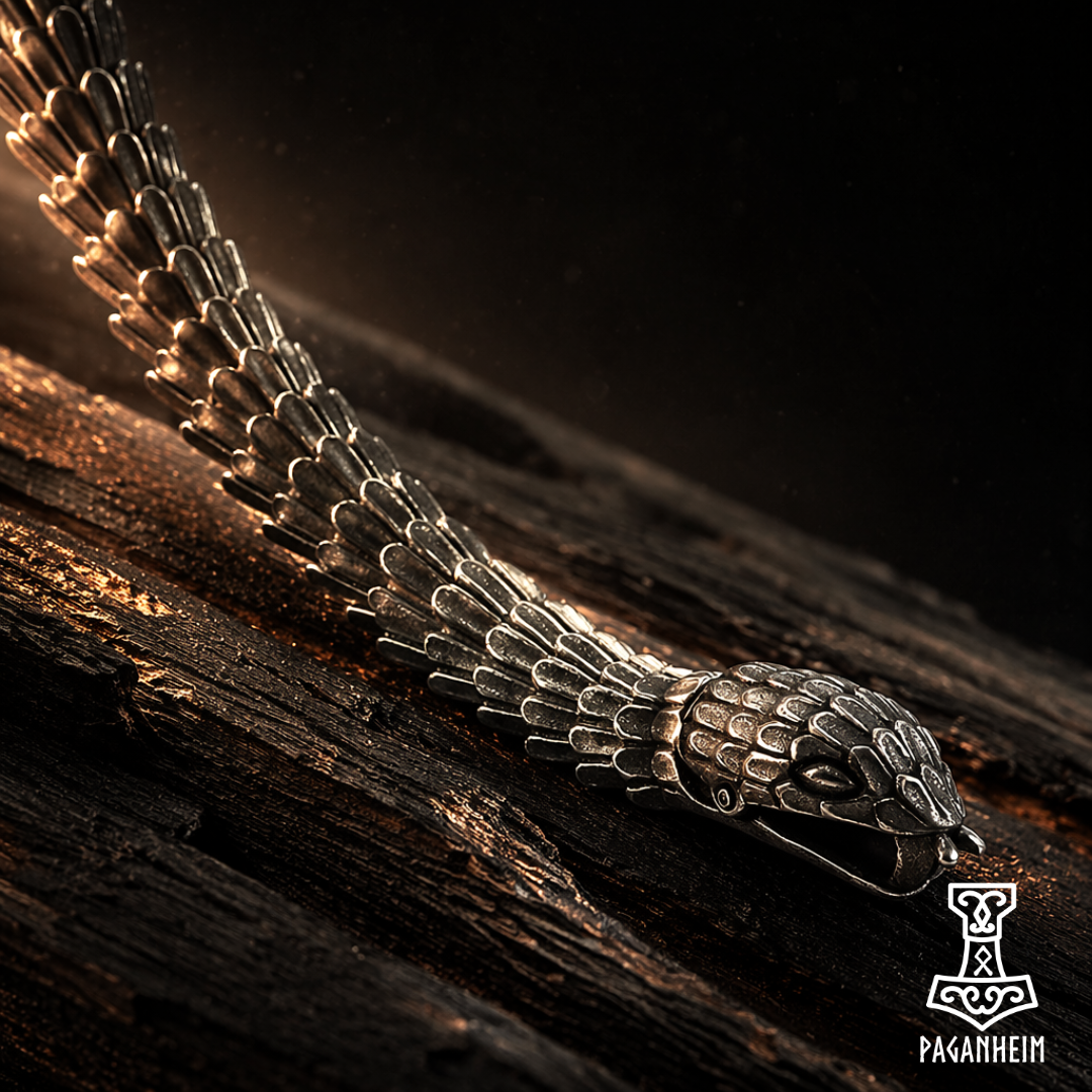 Silver Norse pagan snake braceleton a dark wooden surface with 'Paganheim' branding.