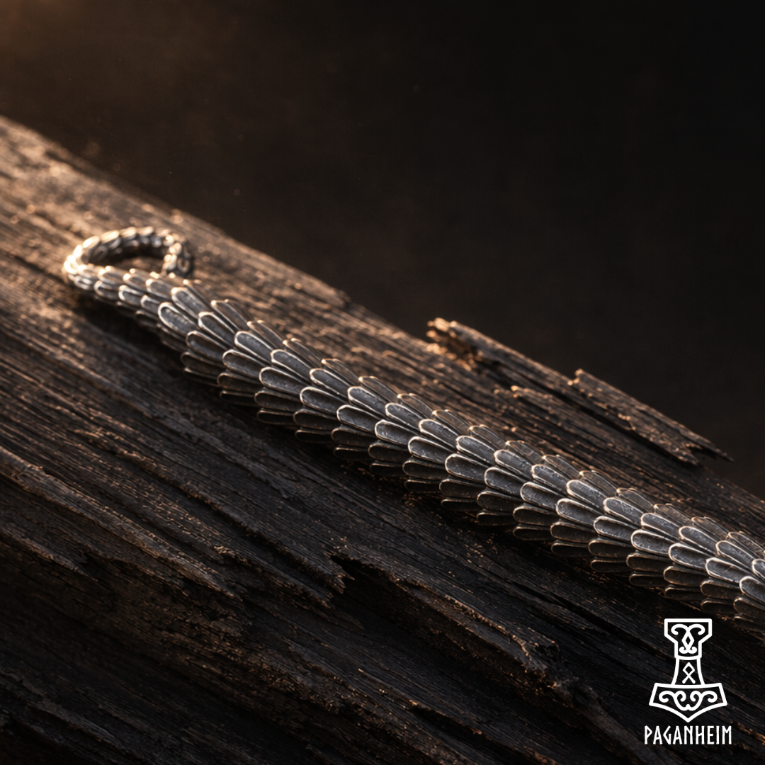 Metallic snake-shaped bracelet on a dark wooden surface with 'Paganheim' branding, close up photo of the scale design.