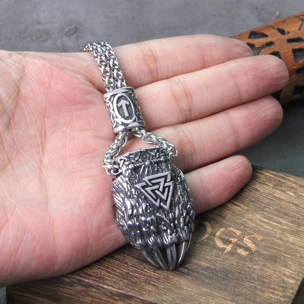 Valknut Tiwaz Engraved Bear Claw Necklace - Wheat Chain & Leather Viking Amulet 0 The Pagan Trader