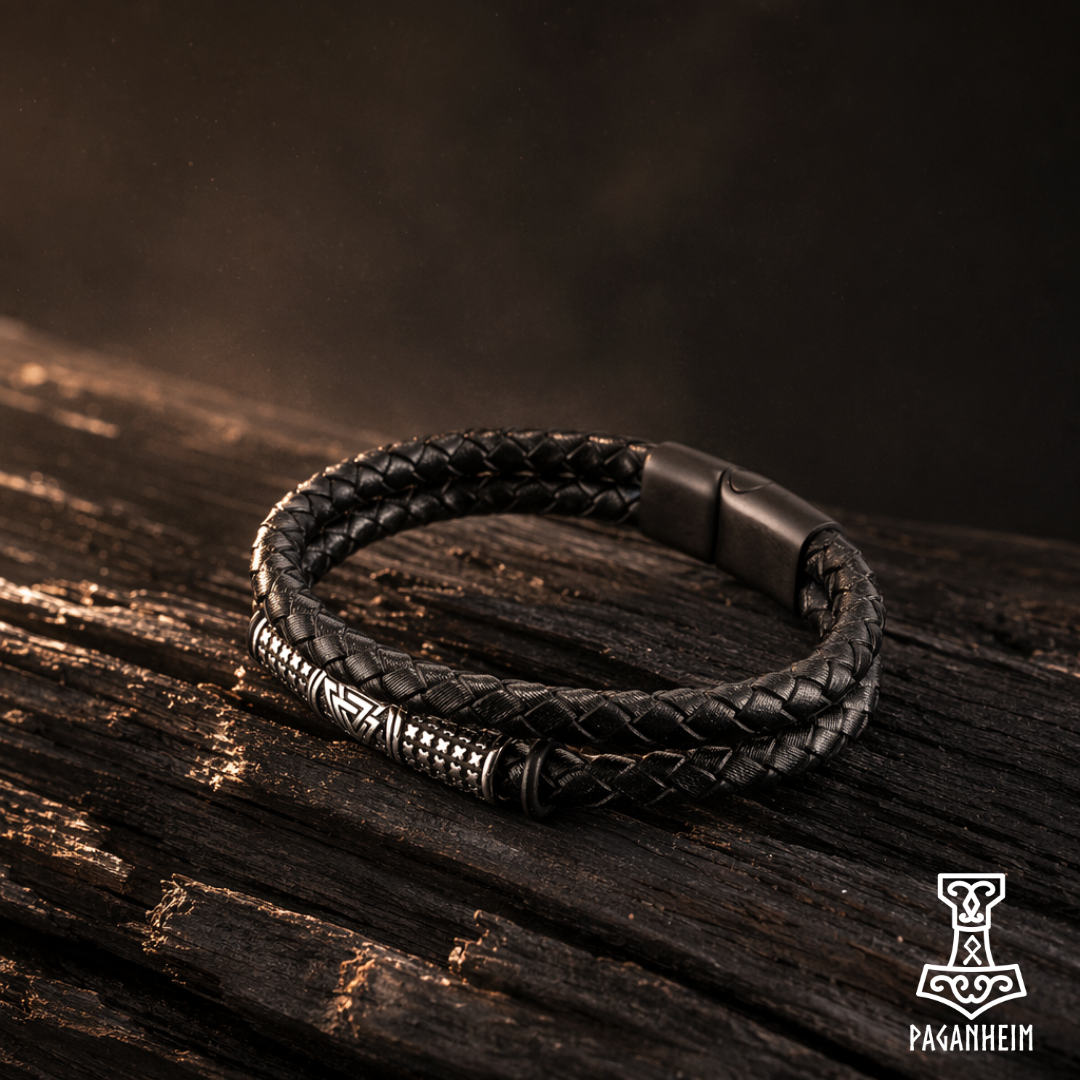 Black braided leather bracelet on a wooden surface with a Valknut symbol on its steel centre.