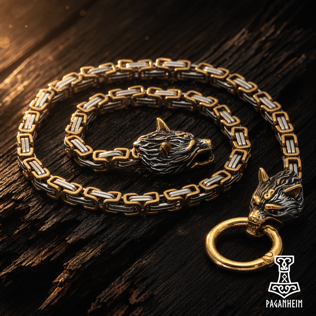 Closeup of wolf‑head clasps holding a ring attached to engraved hammer pendant