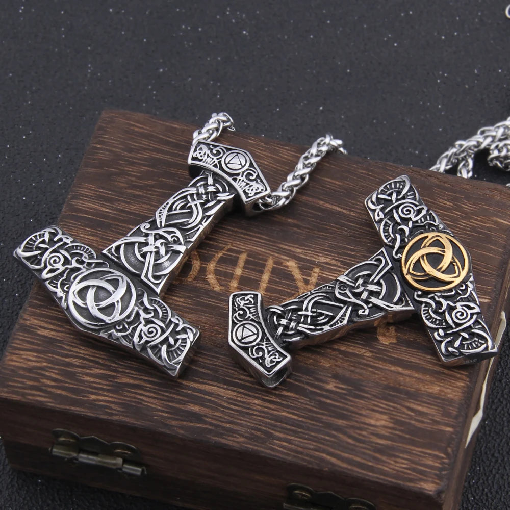 Triquetra Mjölnir - Gold & Silver Nordic Urnes Art Engraved Thor's Hammer 0 The Pagan Trader