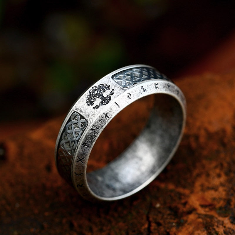 Celtic Knot & Rune Yggdrasil Rings 0 The Pagan Trader 7 Aged Silver