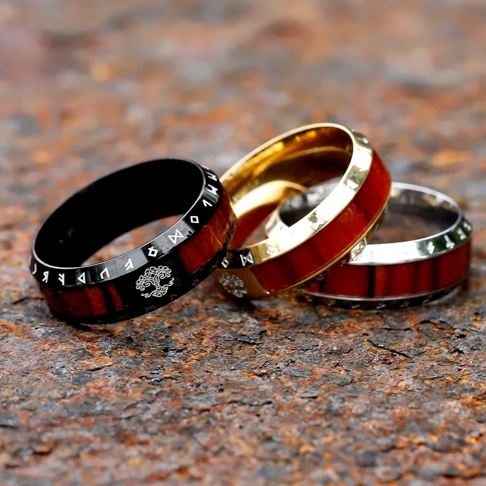 Stainless steel ring with Yggdrasil crown and runic engravings