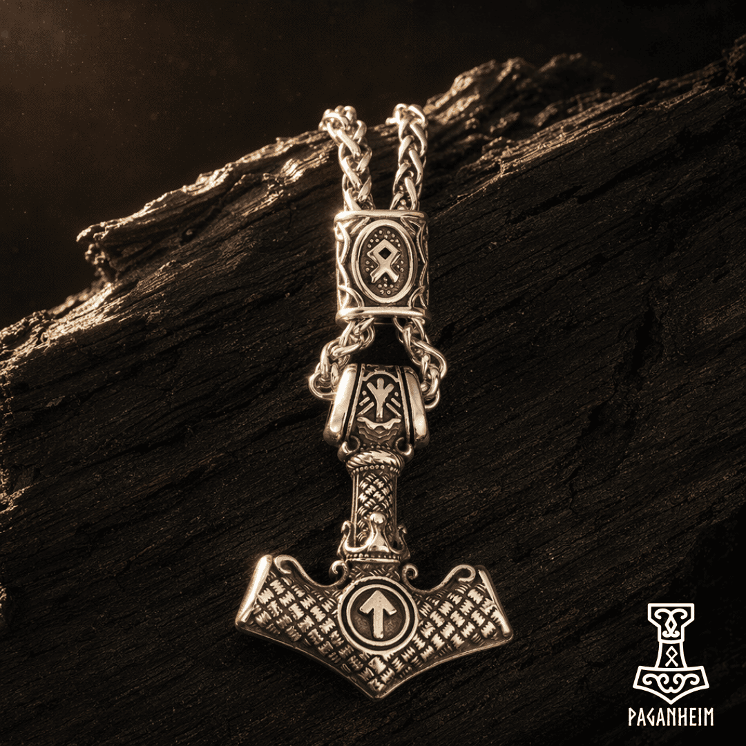 Stainless steel hammer pendant with Valknut and Algiz rune