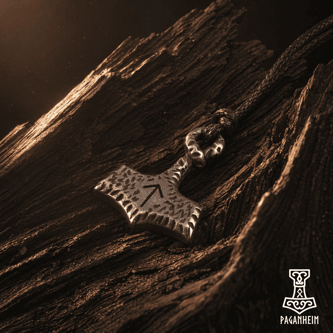 Closeup of Tiwaz rune engraved Mjölnir pendant hanging from braided cord
