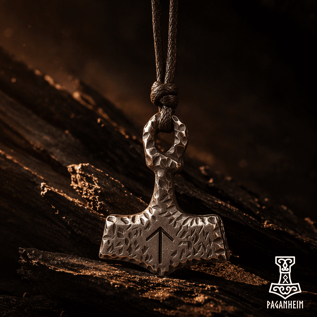 Thor's Hammer pendant with Tiwaz rune engraved on textured metal