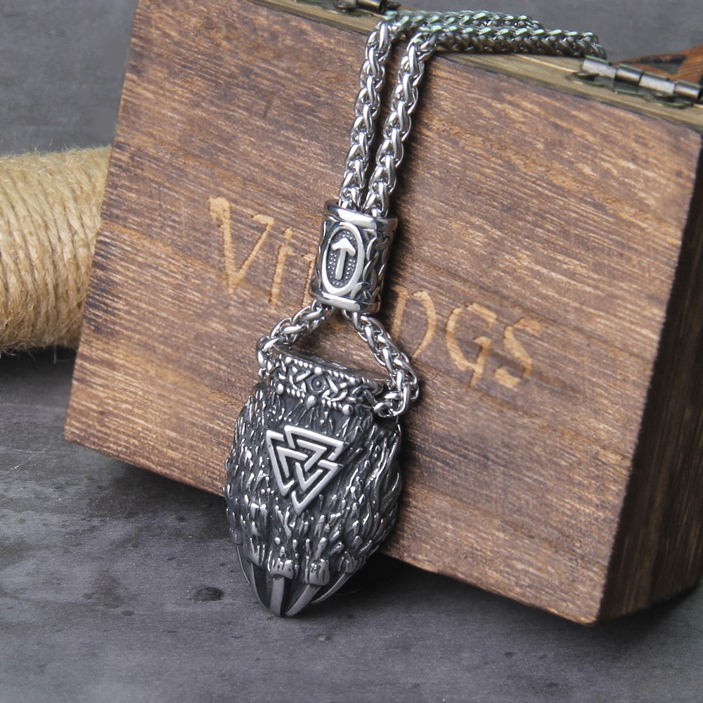 Valknut Tiwaz Engraved Bear Claw Necklace - Wheat Chain & Leather Viking Amulet 0 The Pagan Trader