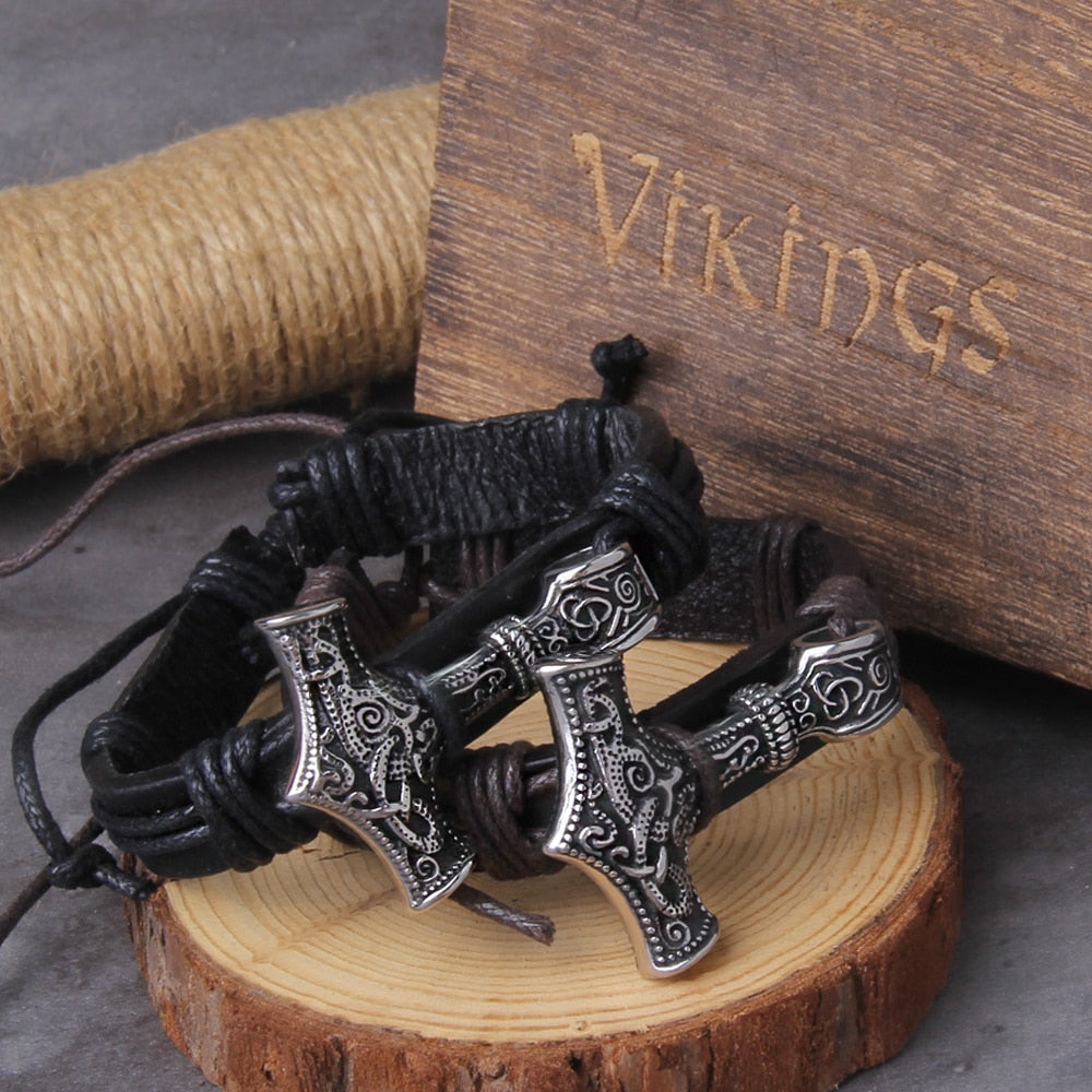 Leather Wrapped Viking Mjölnir Bracelet 0 The Pagan Trader