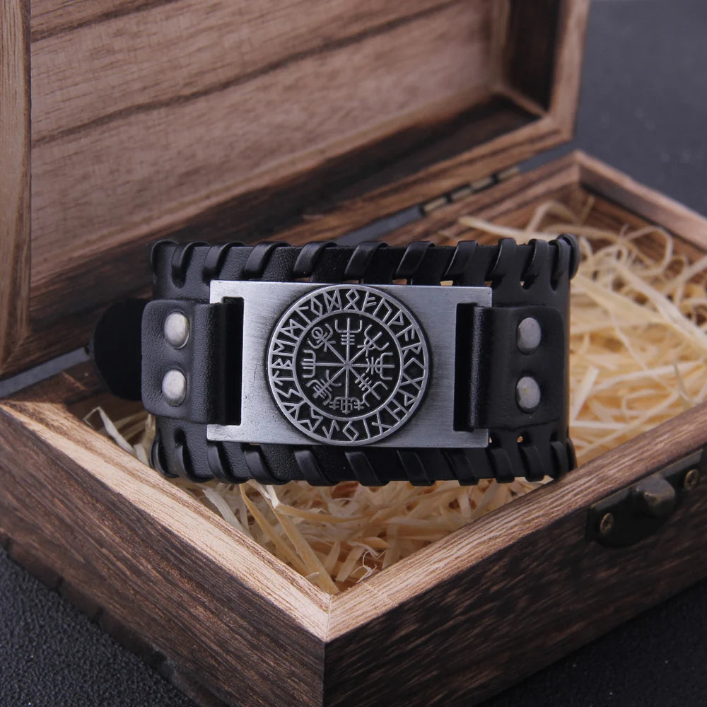 Icelandic Vegvísir Talisman - Rustic Wide Leather Viking Bracelet The Pagan Trader