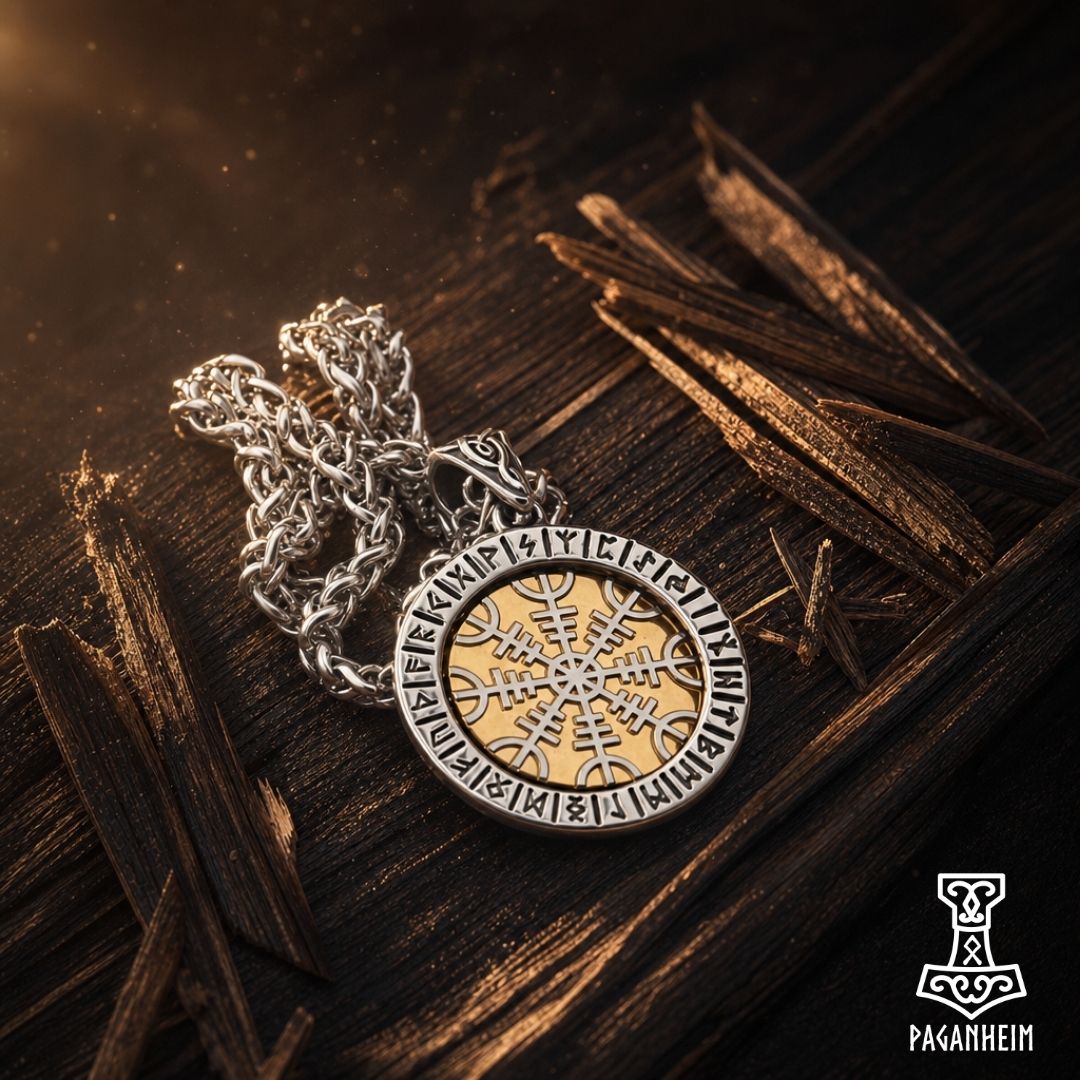 Norse amulet photographed under warm light highlighting gold and silver tones