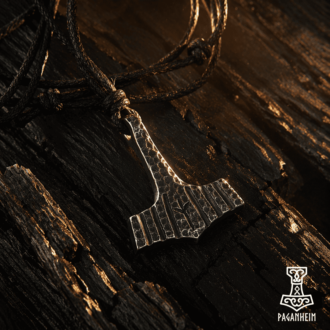 Close-up of Thor's hammer necklace with algiz rune and braided cord