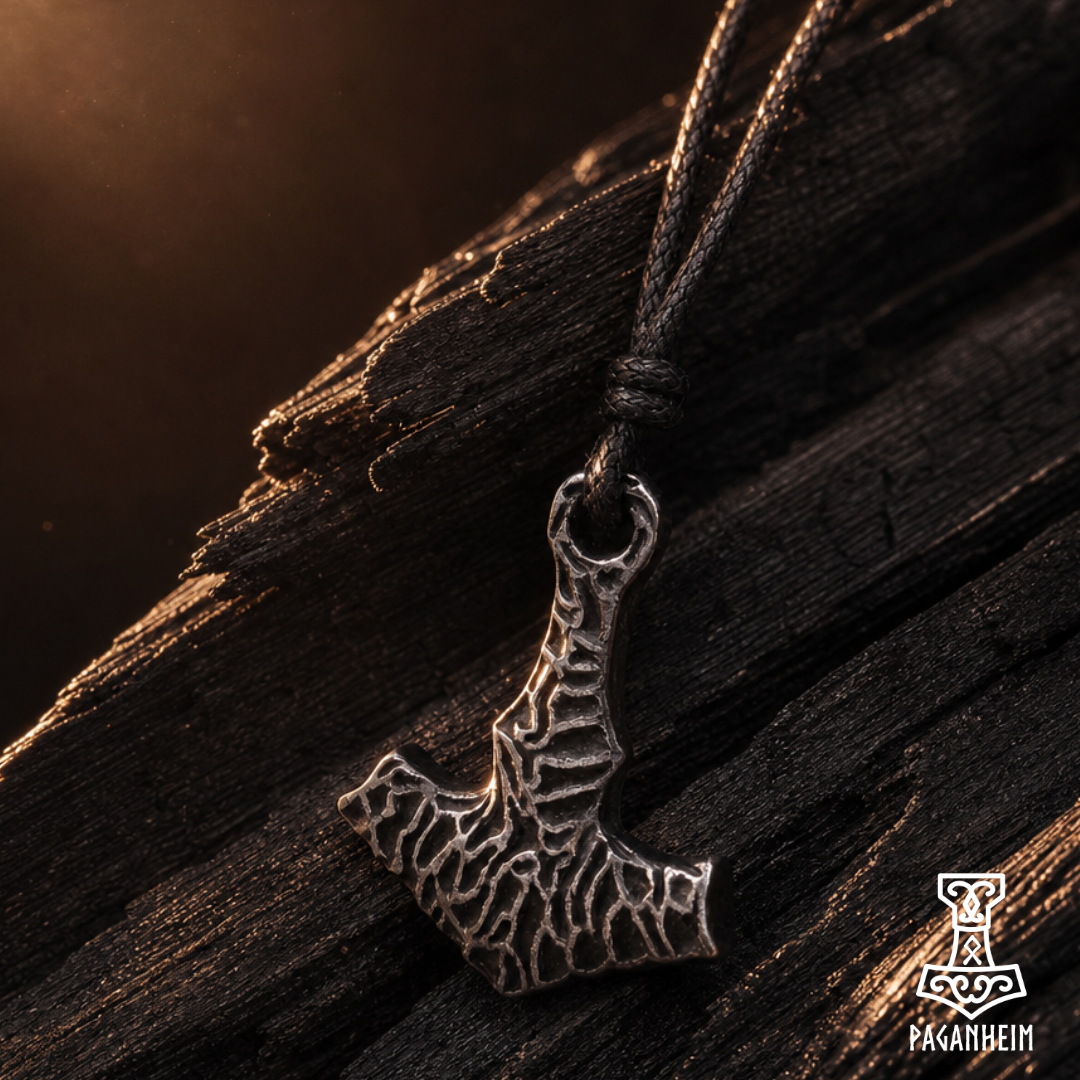 A silver-toned Mjolnir lightning bolt pendant necklace with a textured, hammered finish, hanging from a dark cord. The pendant is displayed on a dark, weathered wood background with dramatic warm lighting.