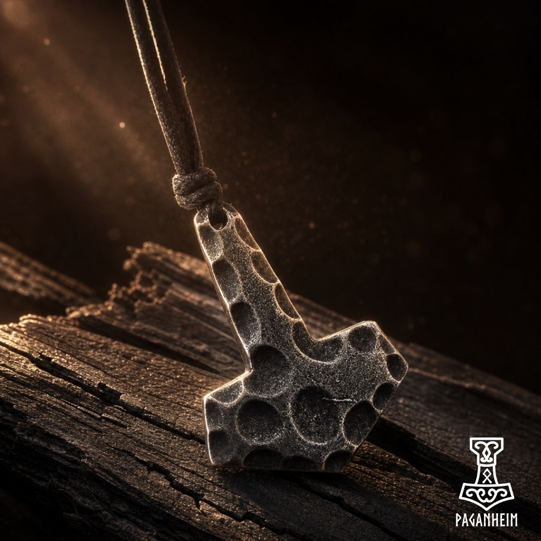 A textured, hammer-shaped pendant necklace with a dark cord, resting on a piece of weathered wood under dramatic, warm spotlighting. The brand logo 'Paganheim' is visible in the bottom right corner.