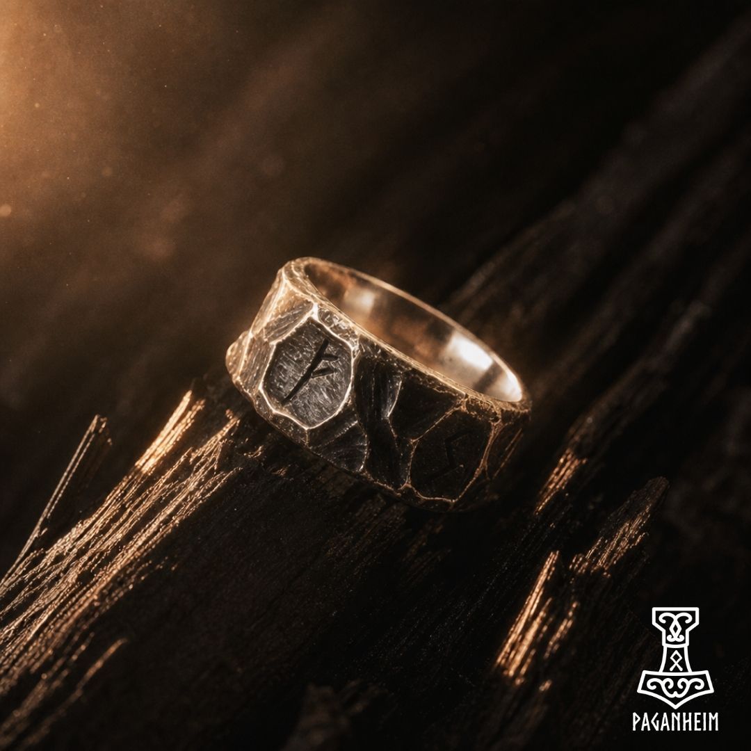 Ring featuring Anglo‑Saxon runes Feoh, Nead, Sigel, and Tir on textured ban