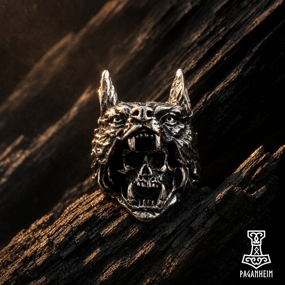 Stainless steel Germanic ring showing a human skull with a wolf pelt draped over the head.