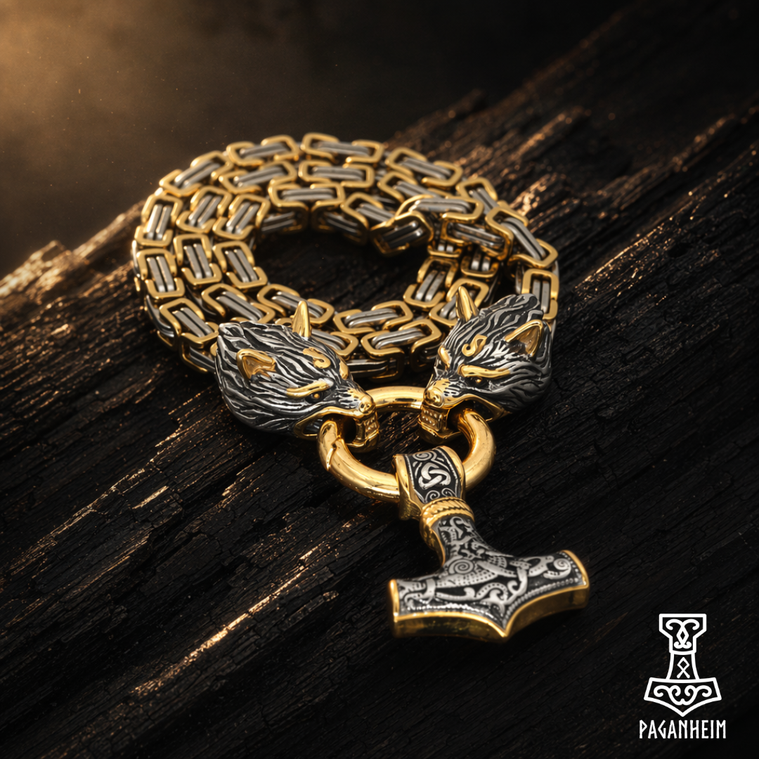 Byzantine chain necklace featuring detailed Mjölnir pendant