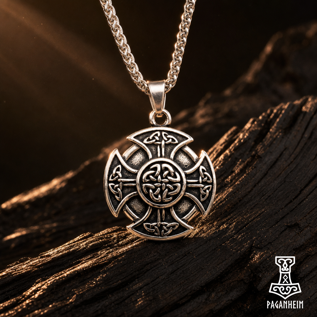 A silver-toned Norse-style pendant necklace with a Celtic cross and knotwork design, resting on dark textured wood. The brand logo 'Paganheim' is visible in the bottom right corner.