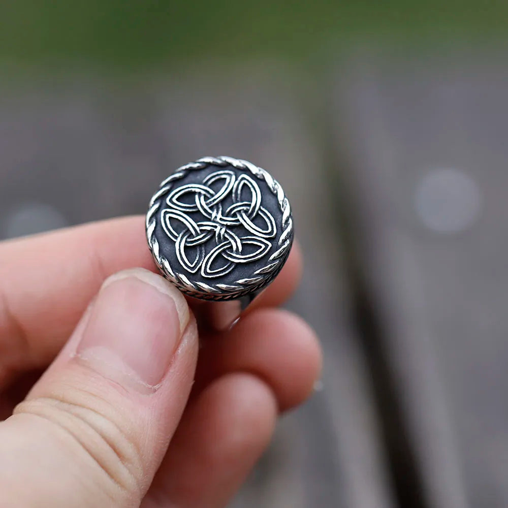 Stainless Steel Celtic Knot ring with intricate engraving.