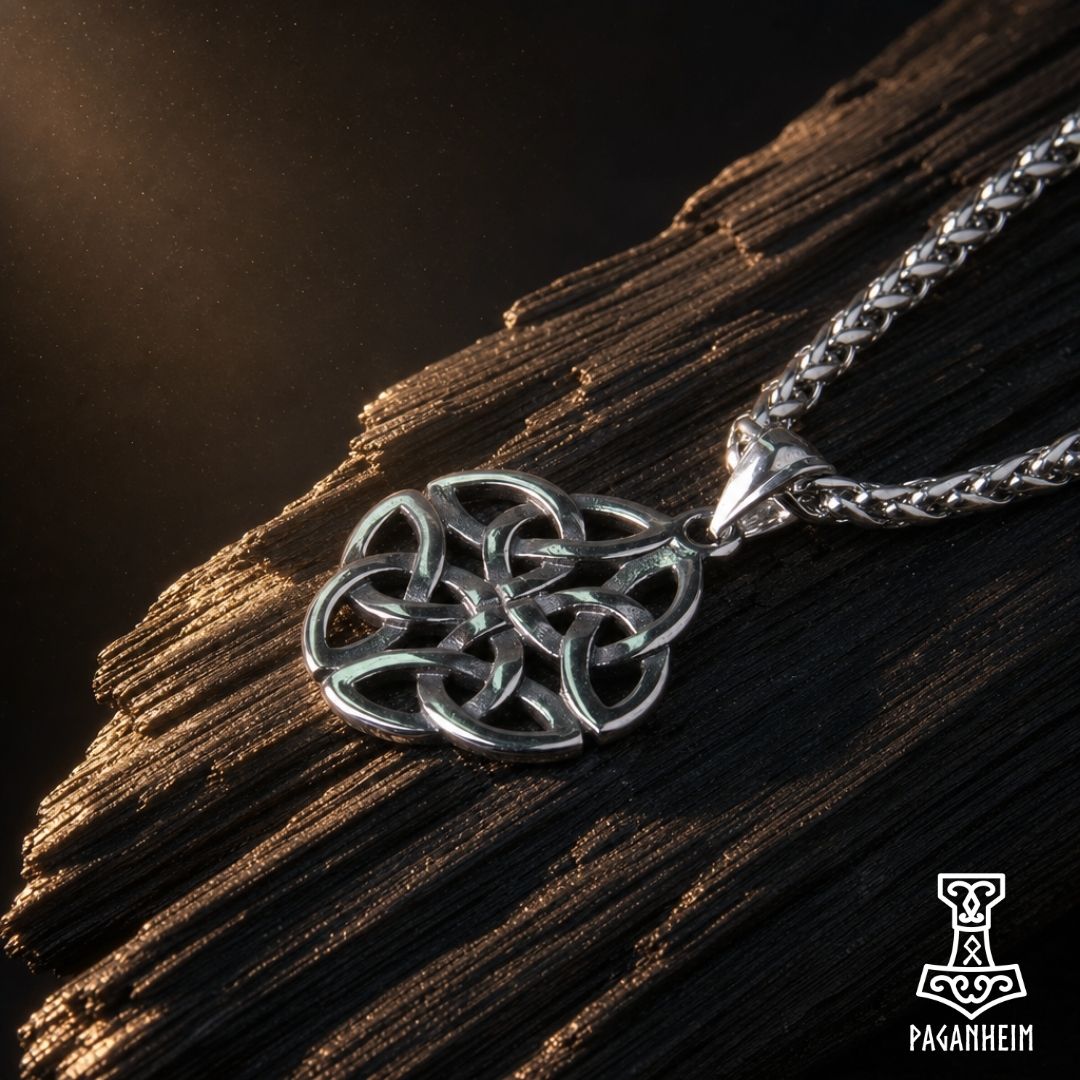 A silver-toned Norse knotwork pendant necklace on a braided chain, displayed on a textured dark wood surface with dramatic warm lighting. The Paganheim brand logo is visible in the bottom right corner.