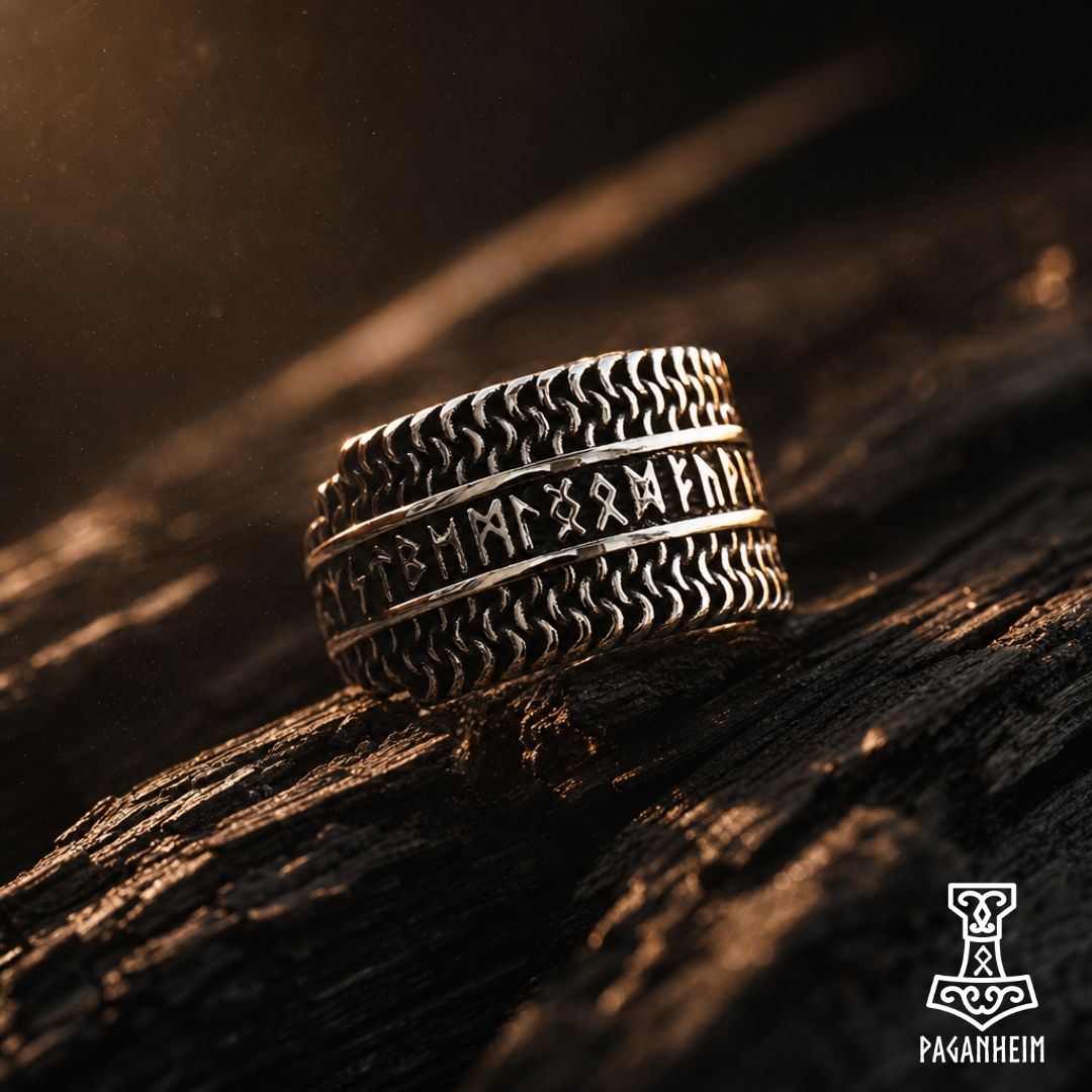 Ring featuring Elder Futhark runes with chainmail‑inspired edge pattern