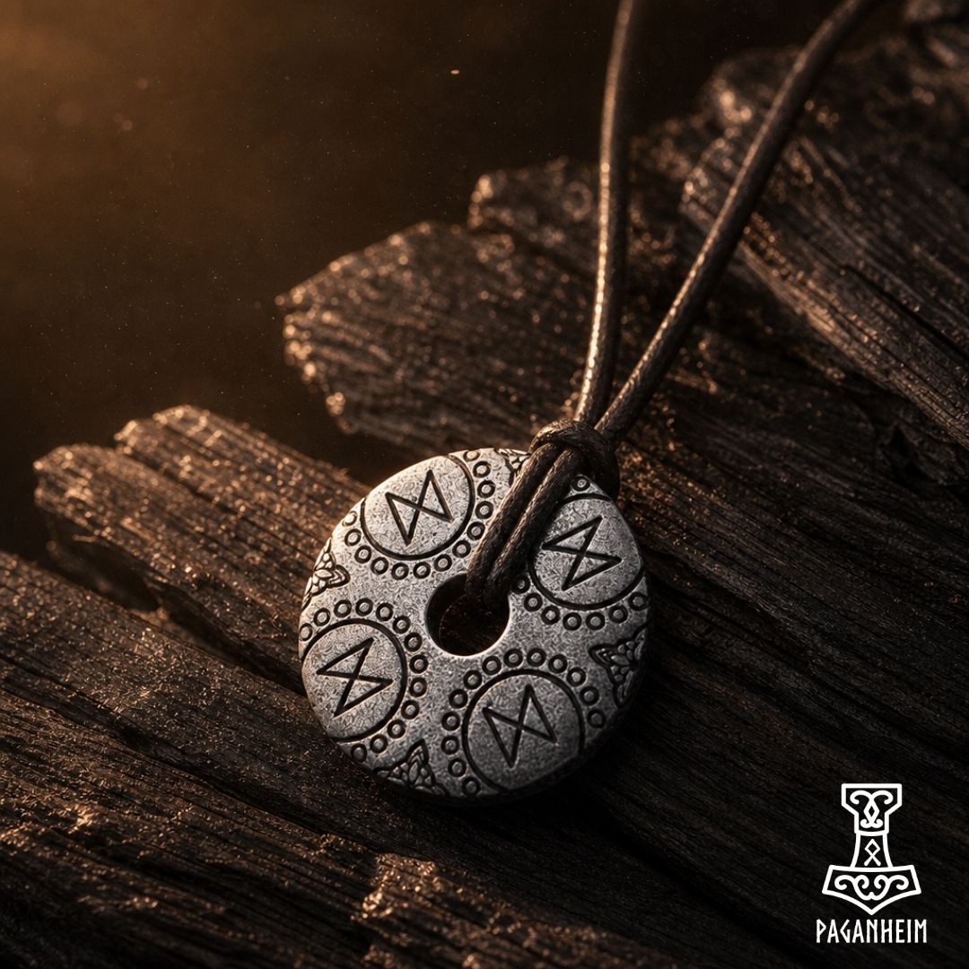 Norse Dagaz rune necklace resting on dark wood surface under warm light