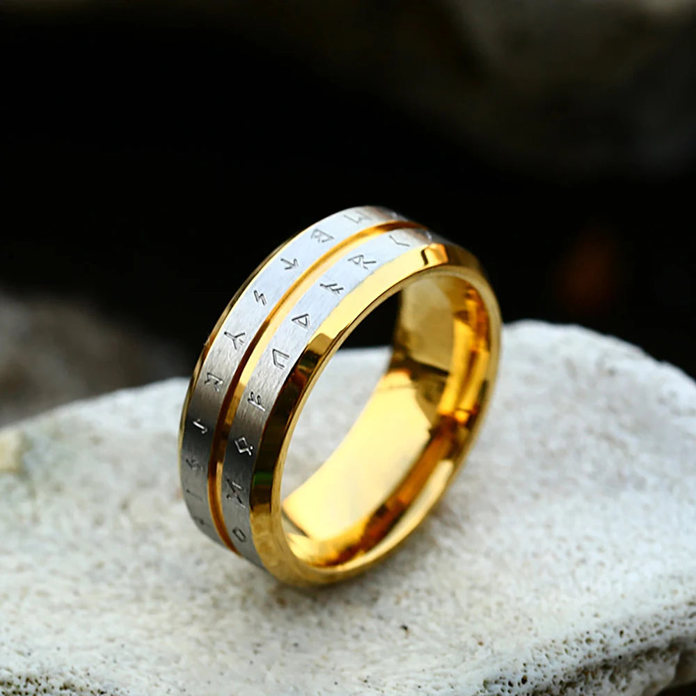 Double-banded silver rune ring with Viking symbols