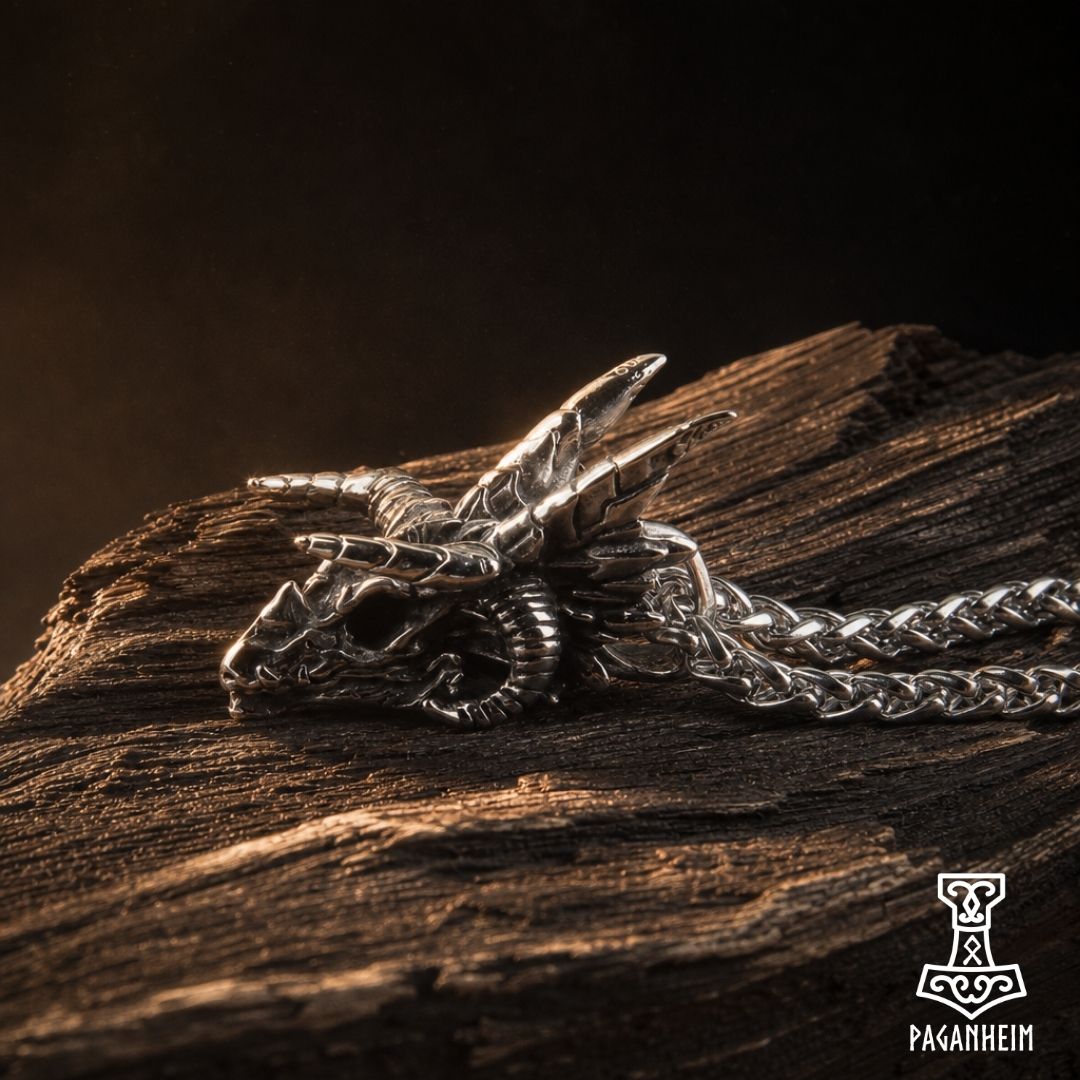 Closeup of Fafnir necklace showing sculpted skull and horn details