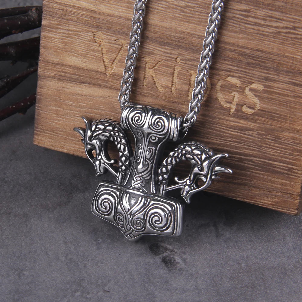 Dreki Mjölnir - Norse Dragon Prowl Thor's Hammer Viking Necklace 0 The Pagan Trader