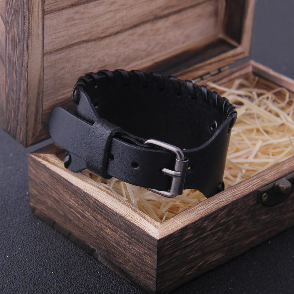 Icelandic Vegvísir Talisman - Rustic Wide Leather Viking Bracelet The Pagan Trader
