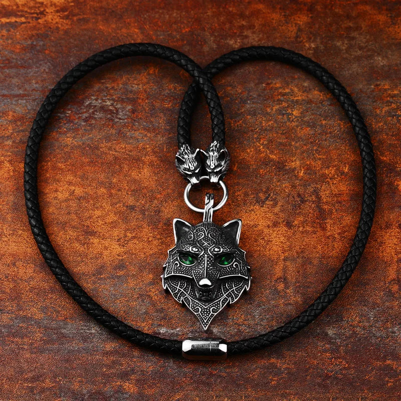 Fenrir's Oath - Green Eyed Wolf Face Leather Viking Necklace  The Pagan Trader