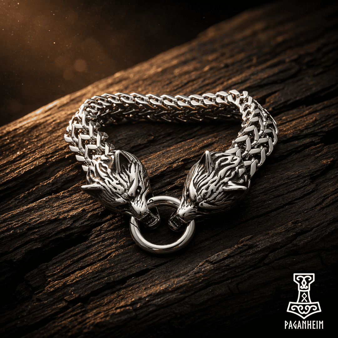 Stainless steel bracelet with two wolf heads biting a ring clasp