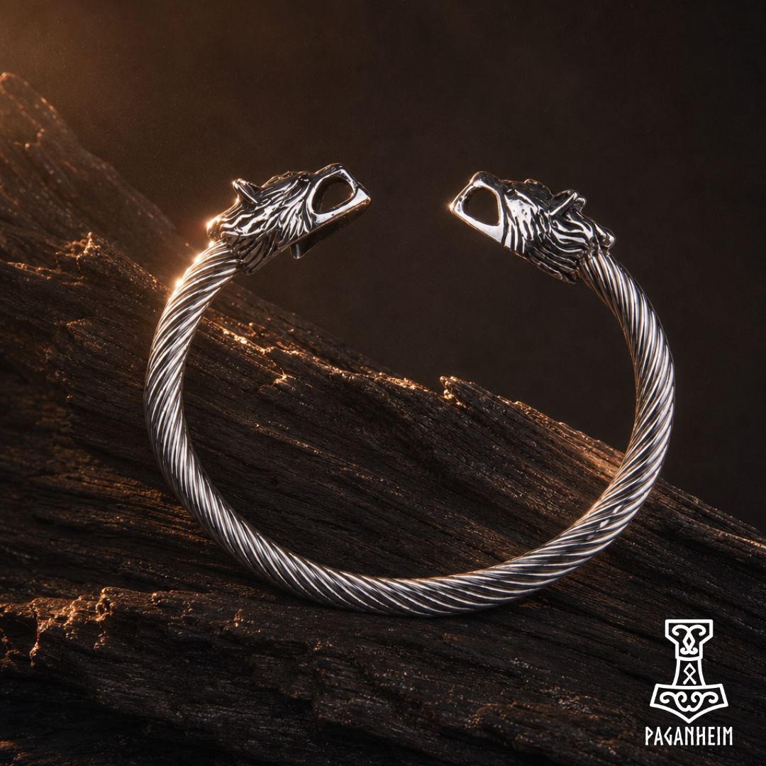 Silver arm ring featuring sculpted wolf heads at each end