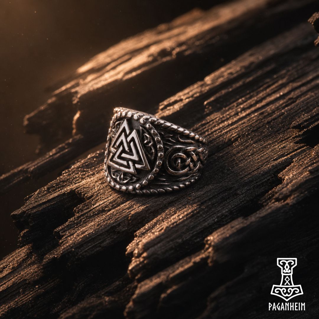 Stainless steel Valknut ring with darkened finish and Norse engravings.