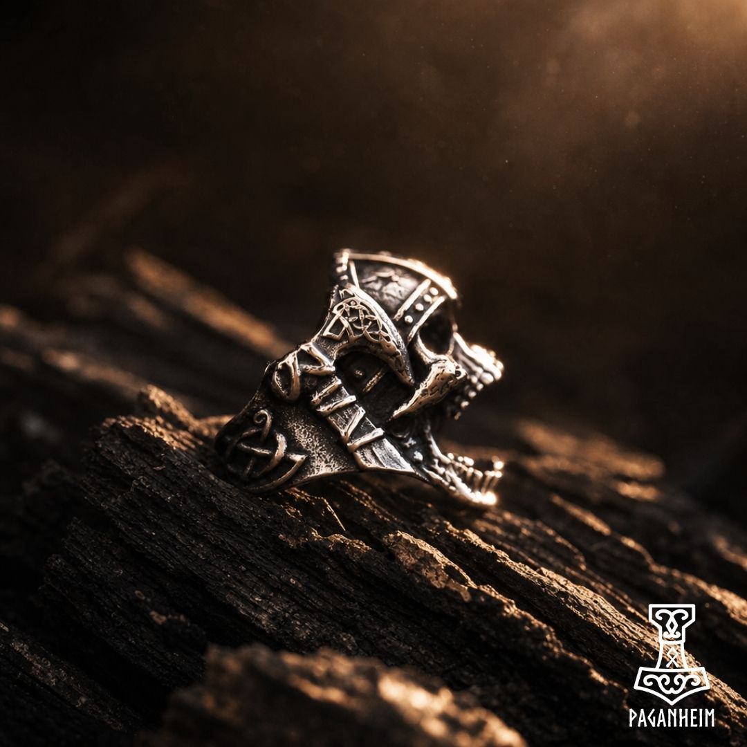 Closeup of Viking skull ring showing detailed helmet and open‑jaw design