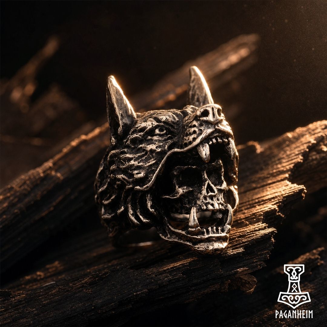 Detailed view of Berserker's skull ring with carved wolf pelt motif