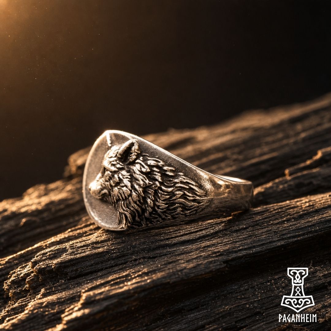 Metal ring showing detailed wolf motif inspired by Germanic mythology