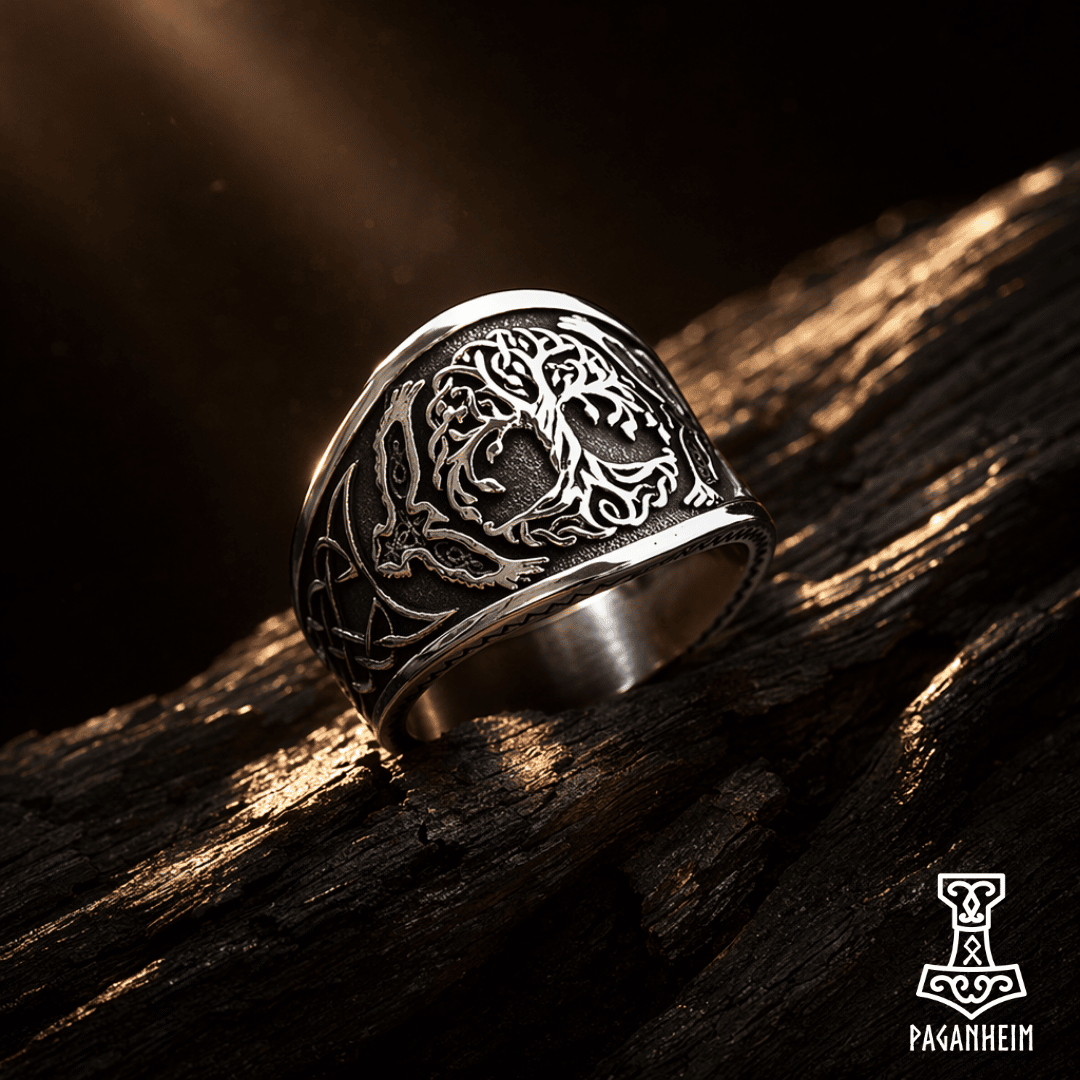 Yggdrasil ring with engraved tree design resting on dark wood