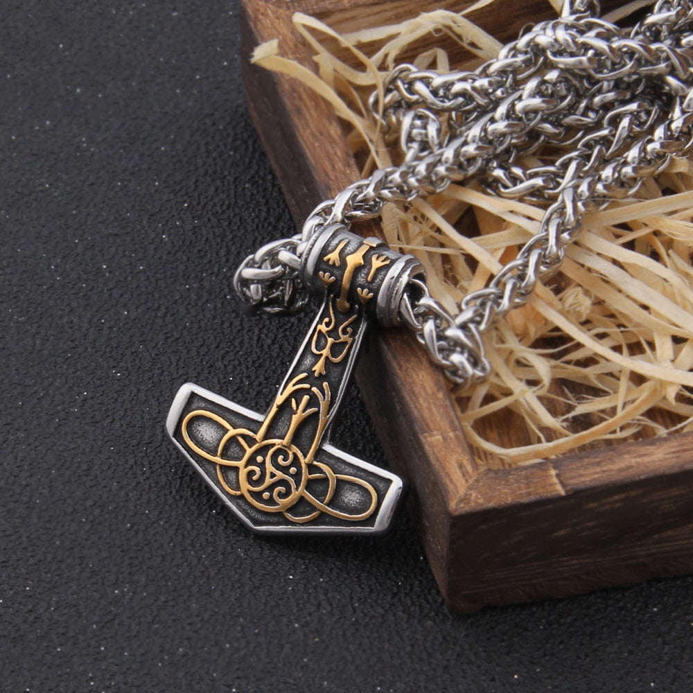 Triquetra Algiz Mjölnir - Rune Engraved Odin Thor's Hammer Viking Amulet 0 The Pagan Trader Gold 50cm