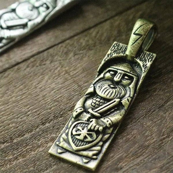 Scythian-Gothic amulet showing Perun with sword, shield, and solar symbol.