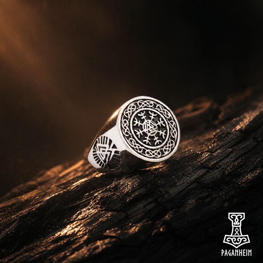 Closeup of Norse ring showing Valknut at centre of Helm of Awe