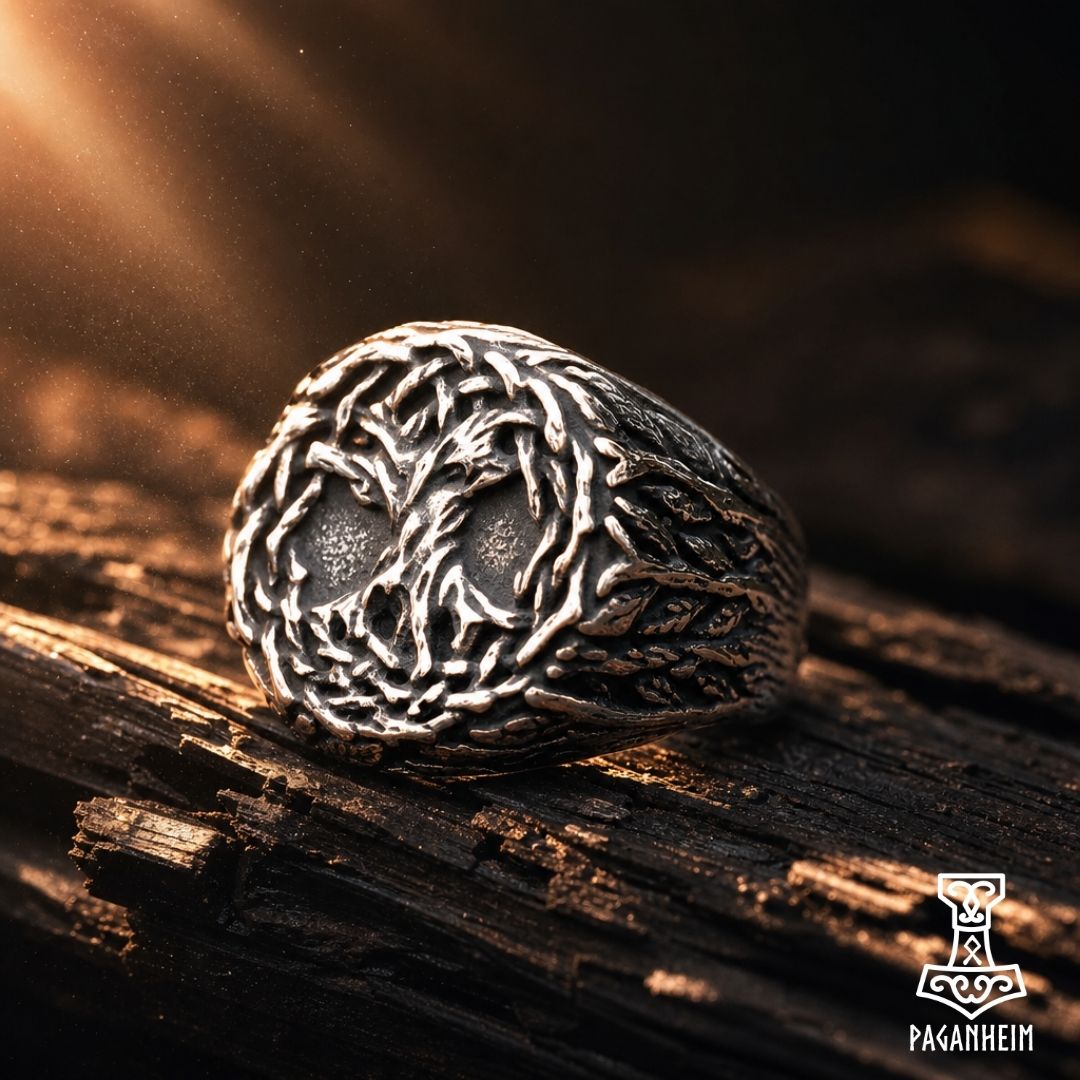 Stainless steel ring featuring detailed Yggdrasil design with branches and roots