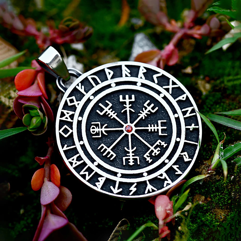 Red Jewel Vegvísir Rune Pendant - Norse Viking Compass Amulet The Pagan Trader