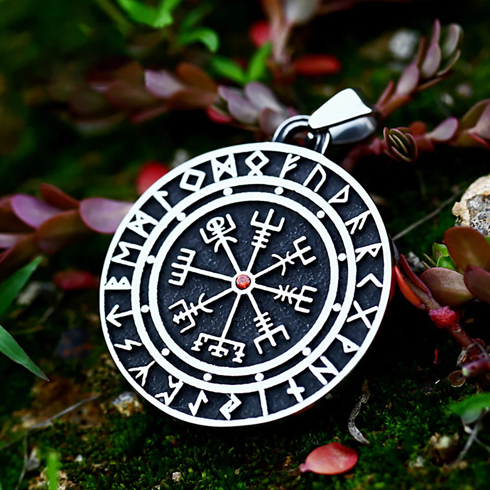 Red Jewel Vegvísir Rune Pendant - Norse Viking Compass Amulet The Pagan Trader