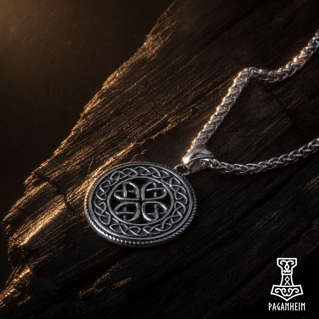 Closeup of Celtic necklace showing interwoven knot design and polished finish